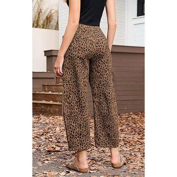 Women Baggy Cheetah Print Barrel Jeans Wide Leg Drawstring Casual - Picture 3 of 6
